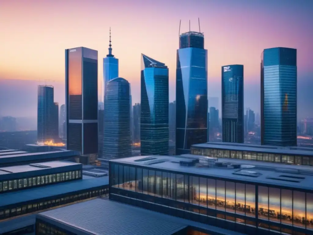 Vista nocturna de la ciudad: skyline moderno y actividad empresarial Vibrante ciudad al atardecer con rascacielos iluminados