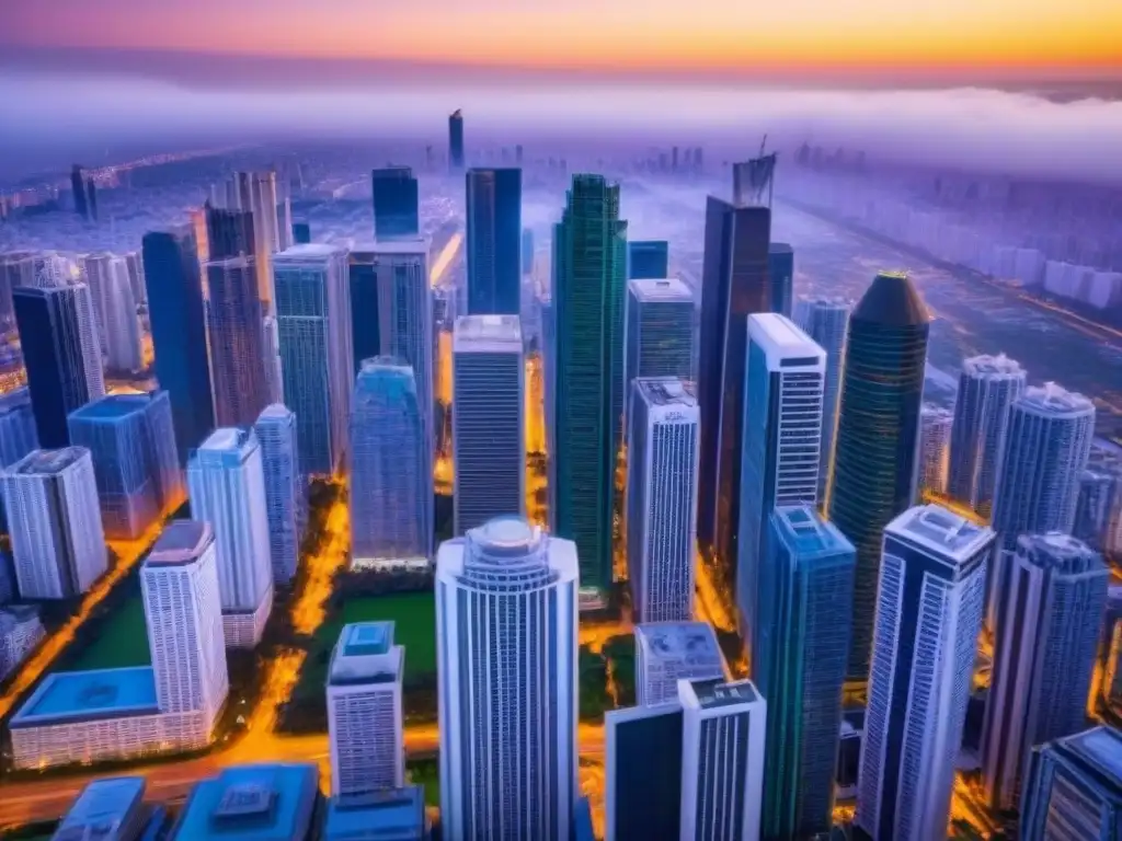 Horizonte urbano al atardecer: símbolo de prosperidad y oportunidades de inversión inmobiliaria Vibrante ciudad al atardecer con rascacielos modernos reflejando el sol, parques verdes y barrios animados