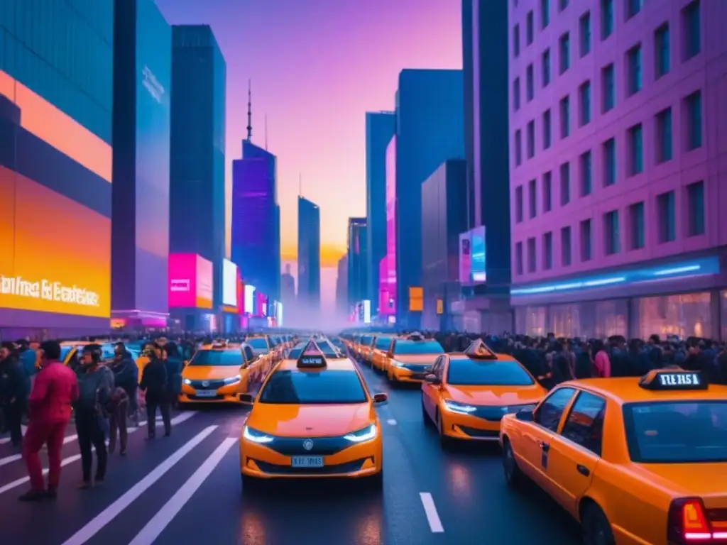 Horizonte urbano al atardecer: ciudad futurista en movimiento Vibrante ciudad al atardecer con rascacielos iluminados por el sol
