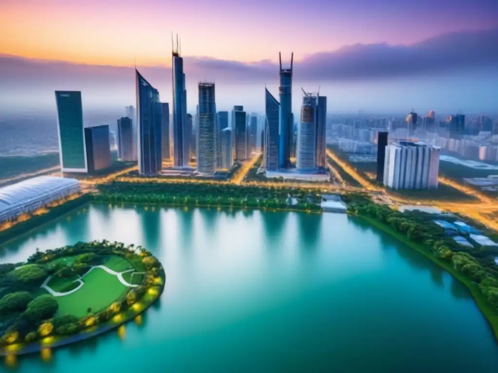 Horizonte urbano al atardecer: modernidad y naturaleza en armonía Vibrante ciudad al atardecer con rascacielos modernos y parques urbanos, simbolizando el valor agregado en inversiones inmobiliarias