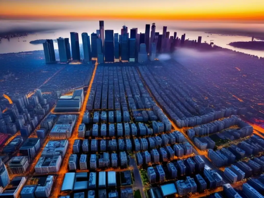 Espectacular panorama urbano al atardecer: inversión inmobiliaria en auge Vibrante ciudad al atardecer con rascacielos y sombras largas, reflejando el potencial de valor agregado en inversiones inmobiliarias