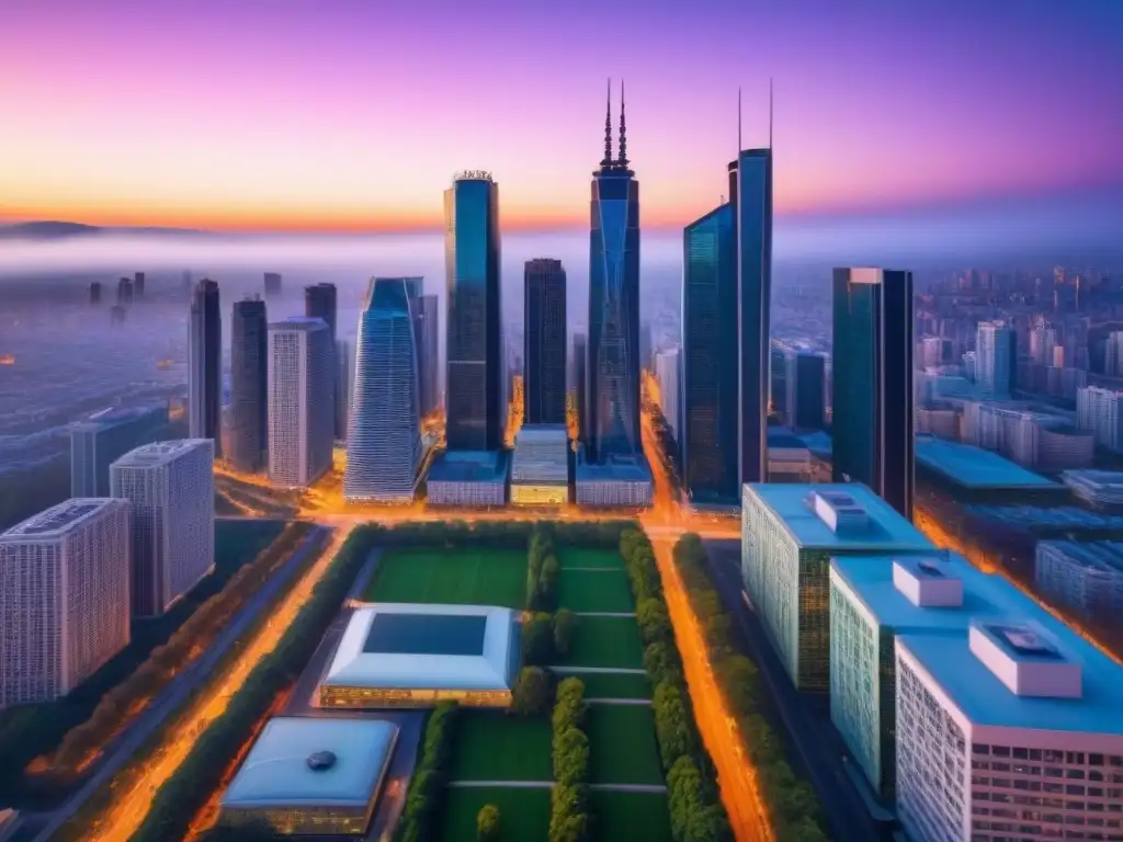 Espléndido atardecer urbano: modernos rascacielos y vida dinámica Vibrante ciudad al atardecer con rascacielos modernos y áreas verdes, reflejando desafíos postfusión en bienes raíces