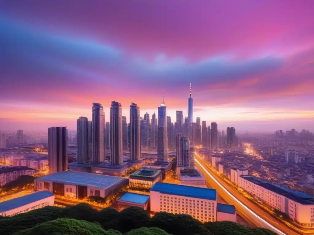 Espectacular skyline urbano al atardecer: luces y modernidad Vibrante ciudad al atardecer, rascacielos modernos y luces brillantes