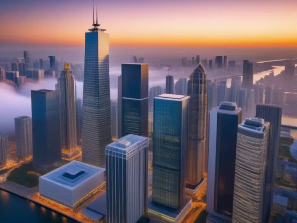 Skyline urbano al atardecer: innovación en bienes raíces Vibrante ciudad al atardecer con rascacielos modernos reflejando el sol, profesionales debatiendo