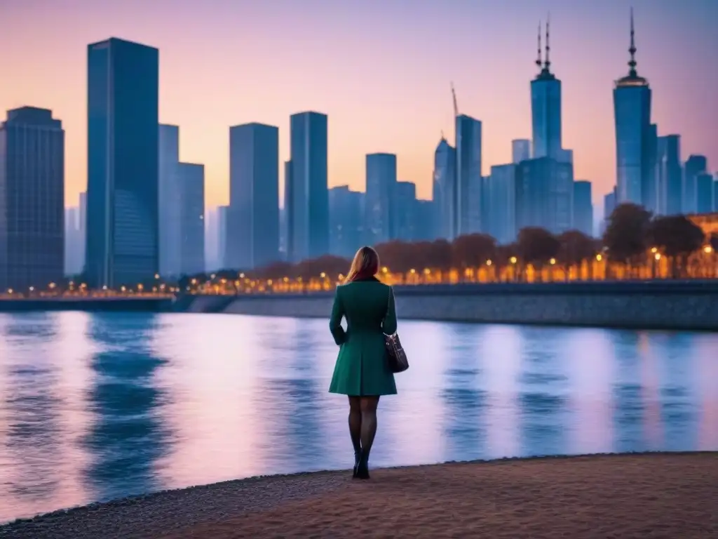 Horizonte urbano al atardecer: ciudad moderna en evolución Vibrante ciudad al atardecer con rascacielos iluminados en economías en transición