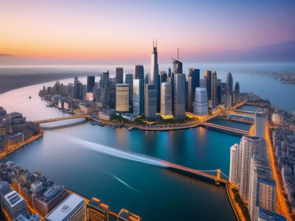 Horizonte urbano vibrante al atardecer: oportunidades en el mercado inmobiliario Vibrante ciudad al atardecer, mezcla de rascacielos modernos y edificios históricos, reflejando oportunidades inmobiliarias globales brechas mercado