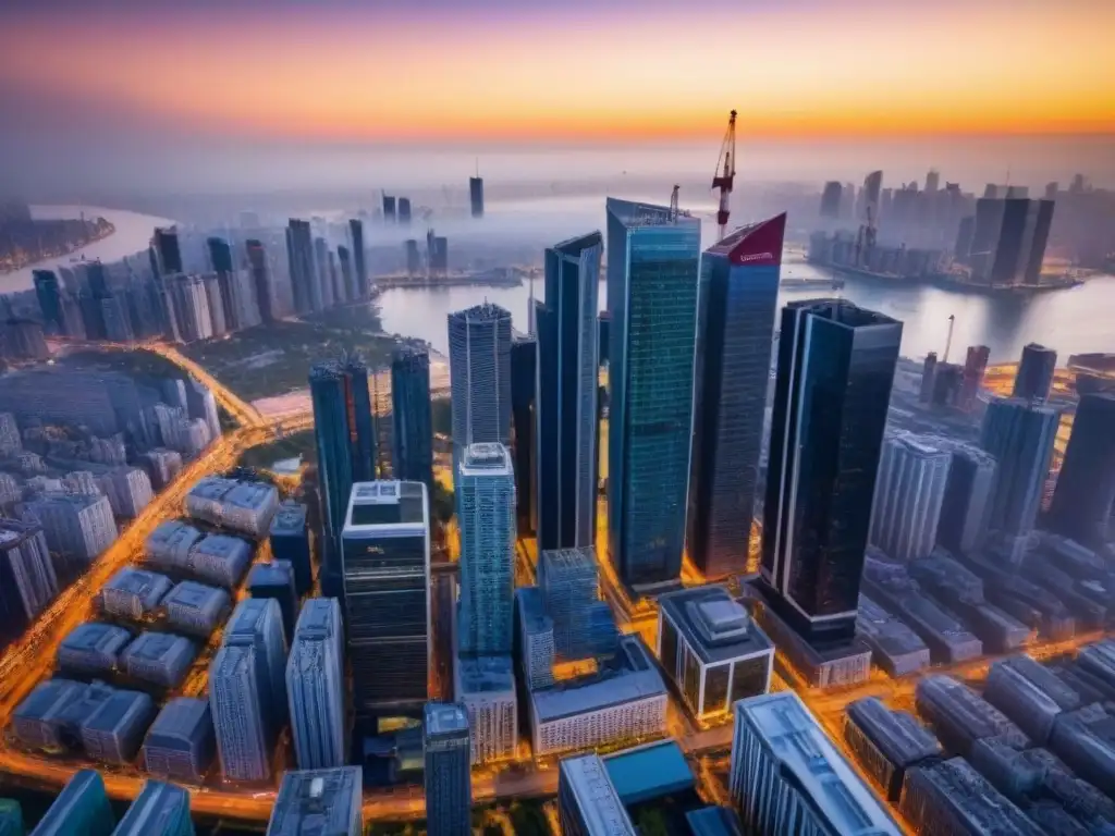 Paisaje urbano al atardecer: modernidad y desarrollo en la ciudad Vibrante ciudad al atardecer, con rascacielos y grúas, reflejando oportunidades únicas crisis económicas bienes raíces