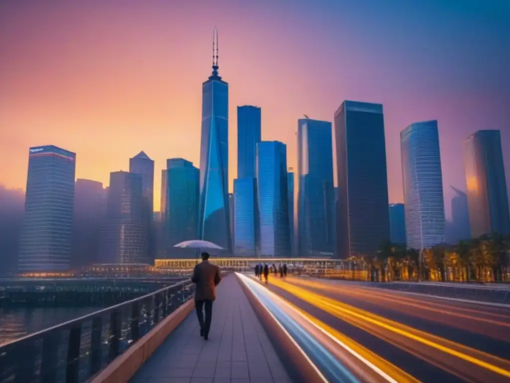 Espléndido atardecer en la ciudad financiera: real estate y moneda Vibrante ciudad al atardecer, con rascacielos iluminados y profesionales en el distrito financiero