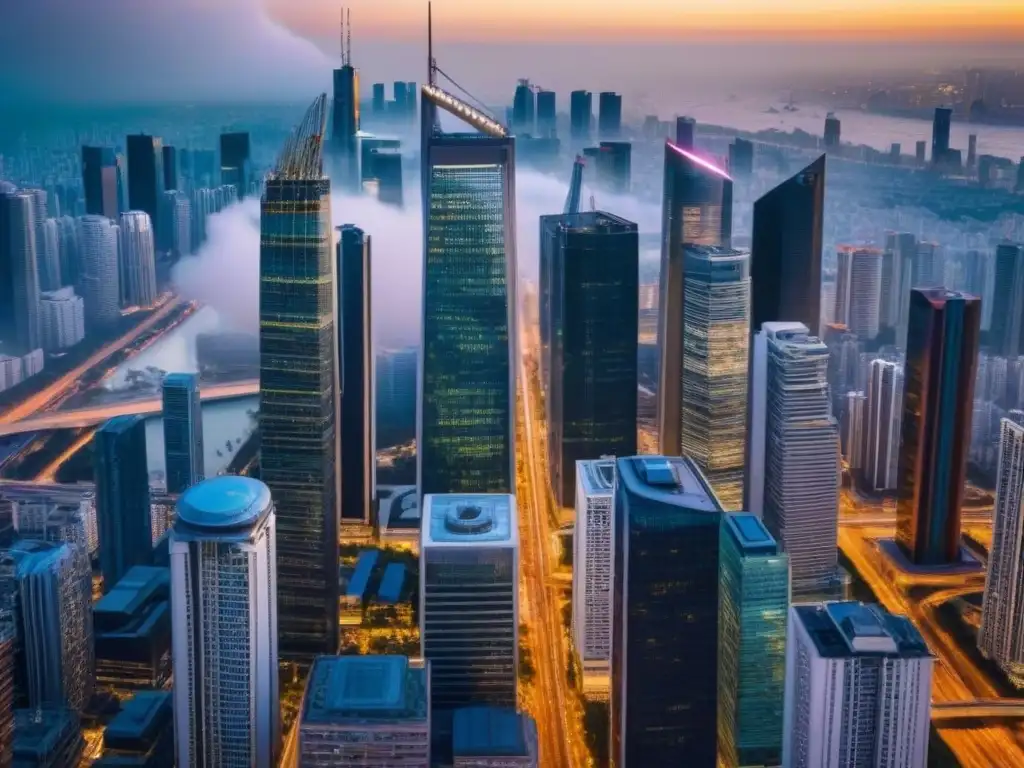 Vista aérea impactante de la metrópolis urbana al anochecer Vibrante ciudad al atardecer con rascacielos y calles iluminadas