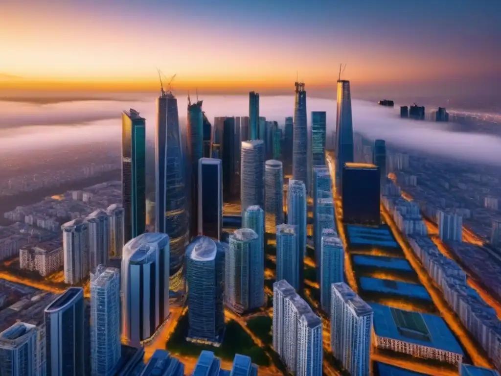Espléndido atardecer en la ciudad: armonía entre rascacielos y naturaleza Vibrante ciudad al atardecer, fusionando rascacielos, edificios residenciales y áreas verdes