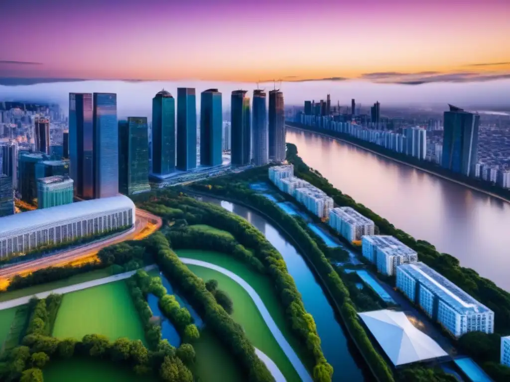 Esplendor urbano al anochecer: armonía entre naturaleza y modernidad Vibrante ciudad al atardecer, con rascacielos iluminados y naturaleza exuberante, reflejando la armonía entre urbanidad y naturaleza