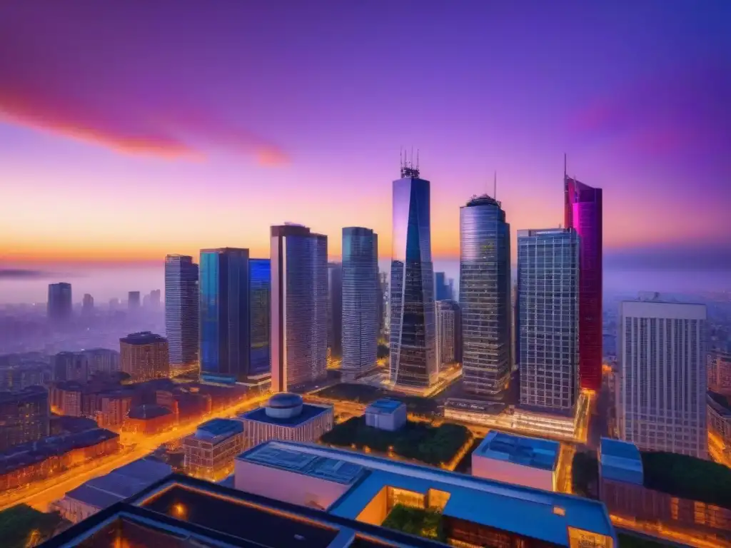 Horizonte urbano al atardecer: modernidad y color Vibrante ciudad al atardecer, con rascacielos modernos y luces coloridas