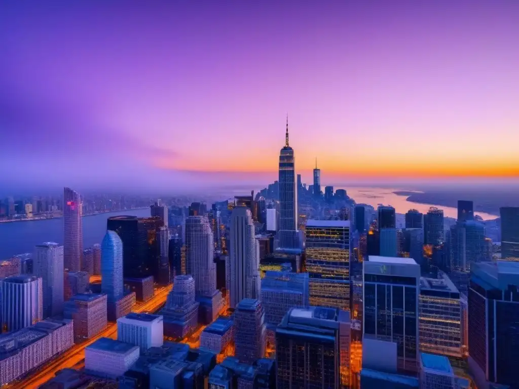 Espectacular skyline urbano moderno al atardecer en 8k Vibrante ciudad al atardecer con rascacielos iluminados y Fluctuaciones cambiarias en bienes raíces