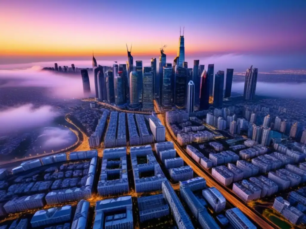 Metrópolis moderna: oportunidades de inversión en bienes raíces globales Vibrante ciudad al atardecer con rascacielos y redes viales complejas