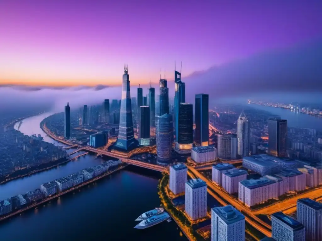 Deslumbrante metrópolis al atardecer: luces y arquitectura moderna Vibrante ciudad al atardecer con rascacielos iluminados reflejados en un río, ideal para Inversiones inmobiliarias internacionales: mitos y realidades