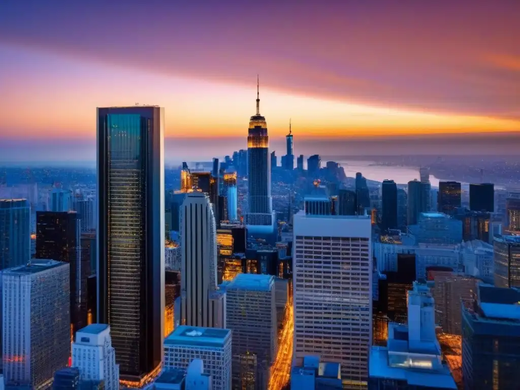 Horizonte urbano al atardecer: símbolo de innovación en bienes raíces Vibrante ciudad al atardecer, con rascacielos iluminados por luz dorada