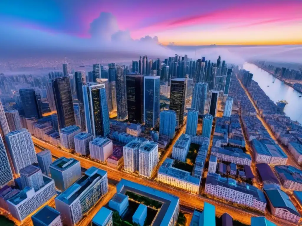 Vista aérea detallada de ciudad cosmopolita al anochecer Vibrante ciudad al atardecer, con rascacielos, luces y calles