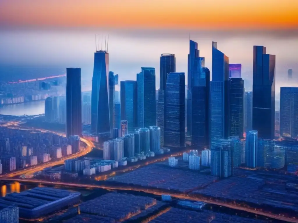 Metrópolis global al atardecer: real estate en auge Vibrante ciudad al atardecer, con rascacielos modernos reflejando el mercado inmobiliario internacional