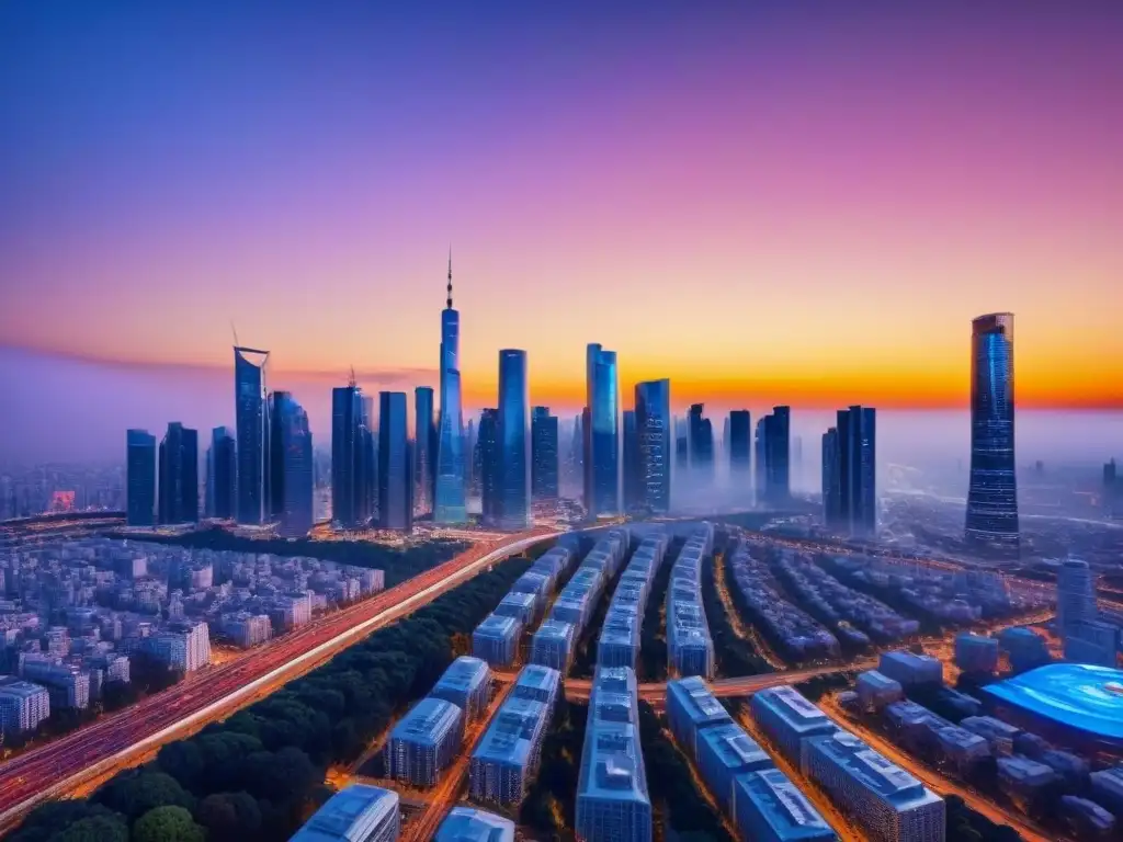 Vibrante ciudad al atardecer con rascacielos modernos y carteles digitales, reflejando estrategias redes sociales inmobiliarias internacionales