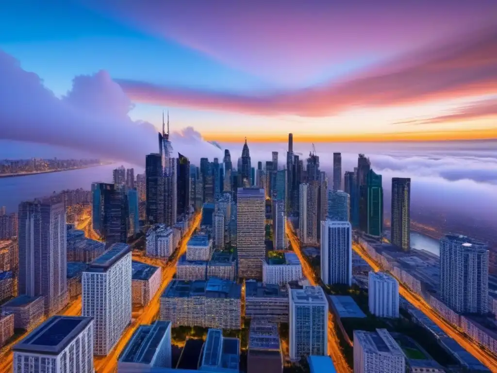 Horizonte urbano al atardecer: arquitectura moderna y luces vibrantes Vibrante ciudad al atardecer con rascacielos iluminados por el sol, simbolizando el marketing inmobiliario global con redes sociales