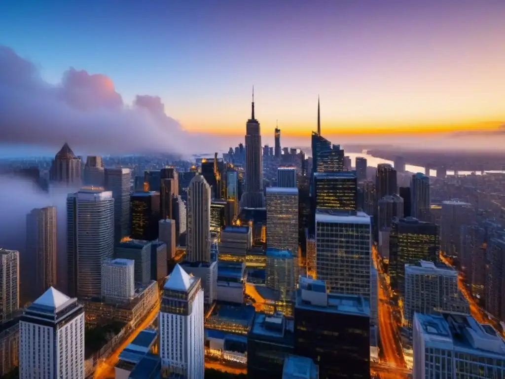 Cityscape moderno al atardecer: vibrante y diverso Vibrante ciudad al atardecer con rascacielos modernos y comunidad diversa