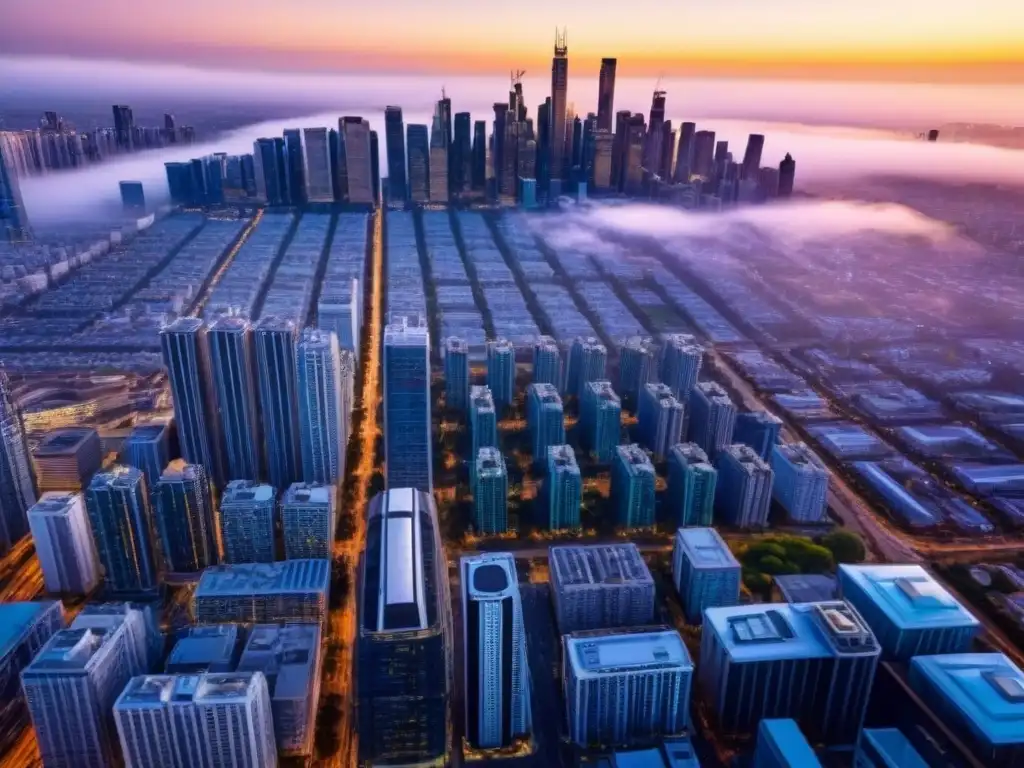 Vibrante paisaje urbano al atardecer: sector inmobiliario en auge Vibrante ciudad al atardecer con rascacielos y edificios residenciales, reflejando la energía del mercado inmobiliario
