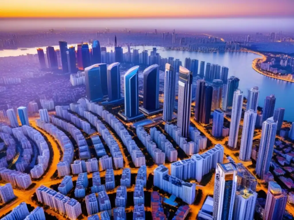 Horizonte urbano: crecimiento inmobiliario con #propiedades y #bienesraíces Vibrante ciudad al atardecer con rascacielos modernos y hashtags integrados, reflejando el uso estratégico de hashtags en bienes raíces