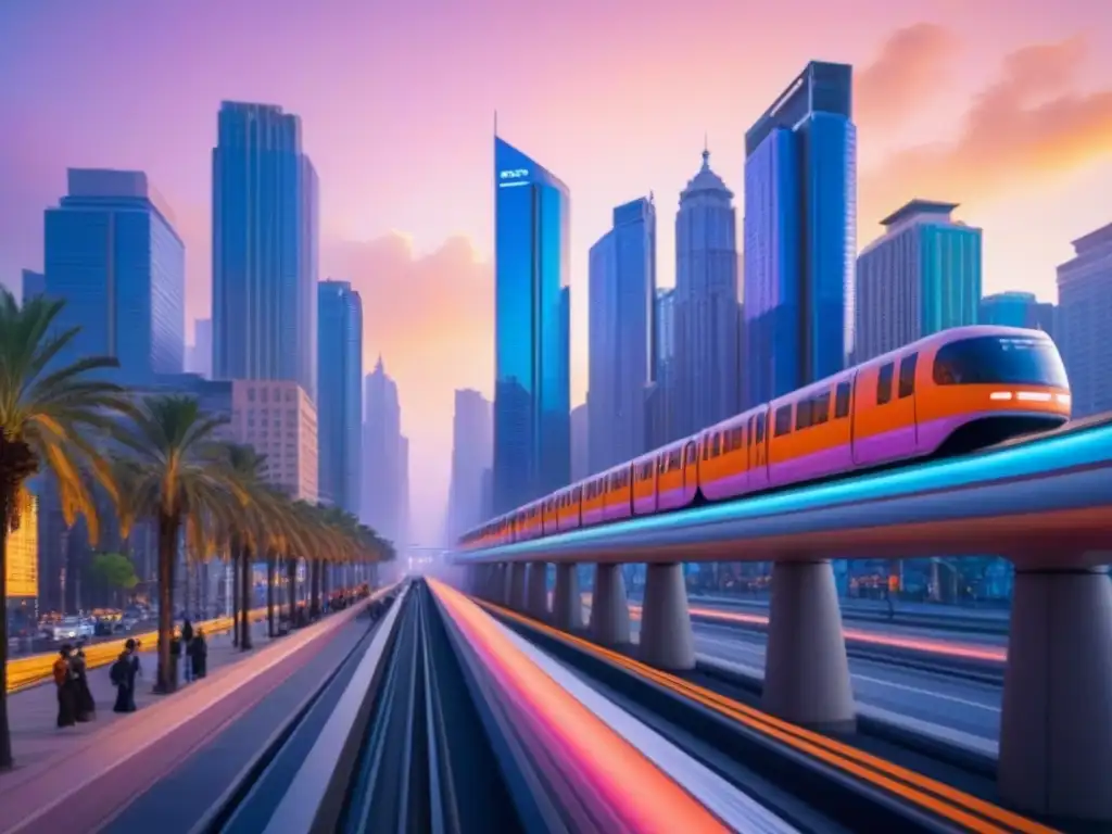 Horizonte urbano al atardecer: fusión de modernidad y tradición Vibrante ciudad al atardecer, mezcla de rascacielos modernos y edificios históricos con gente diversa en calles bulliciosas