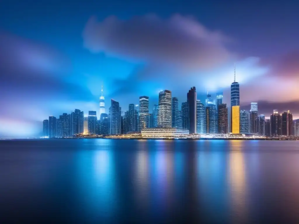 Skyline urbano iluminado: inversión inmobiliaria global Vibrante ciudad al atardecer, reflejada en el agua, simboliza el Crowdfunding inmobiliario inversiones globales