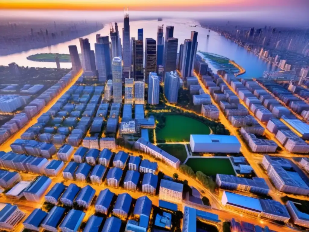 Espectacular ciudad moderna al atardecer en América del Norte Vibrante ciudad al atardecer, reflejo de las inversiones inmobiliarias bajo riesgo en Norteamérica