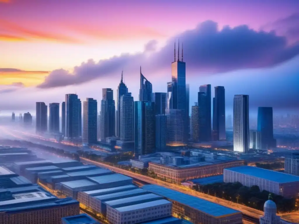Vibrante metrópolis al atardecer: migración urbana en movimiento Vibrante ciudad al atardecer, reflejo de la migración interna en el mercado inmobiliario