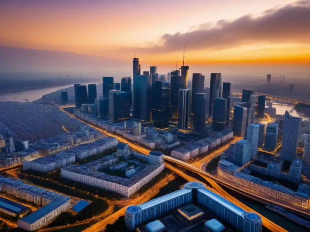 Metrópolis en crecimiento: atardecer dorado sobre la ciudad moderna Vibrante ciudad al atardecer, reflejo de normativas construcción internacional inversores