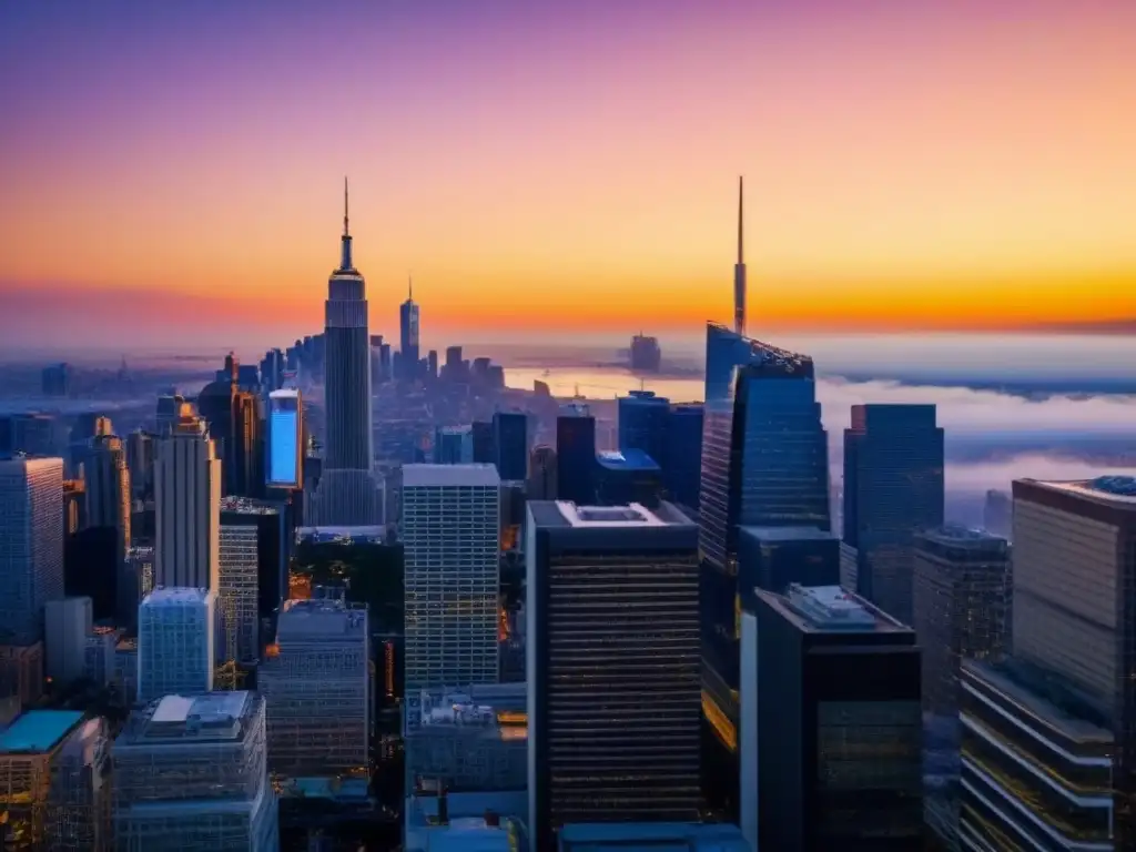 Negociaciones inmobiliarias en una ciudad moderna al atardecer Vibrante ciudad al atardecer, reflejo de rascacielos y gente negociando propiedades