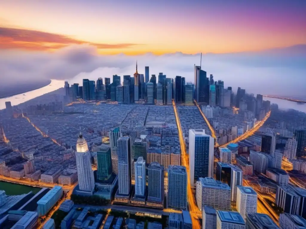 Cityscape dinámico al atardecer: resiliencia del sector inmobiliario Vibrante ciudad al atardecer, reflejo de la importancia de la inversión inmobiliaria en crisis