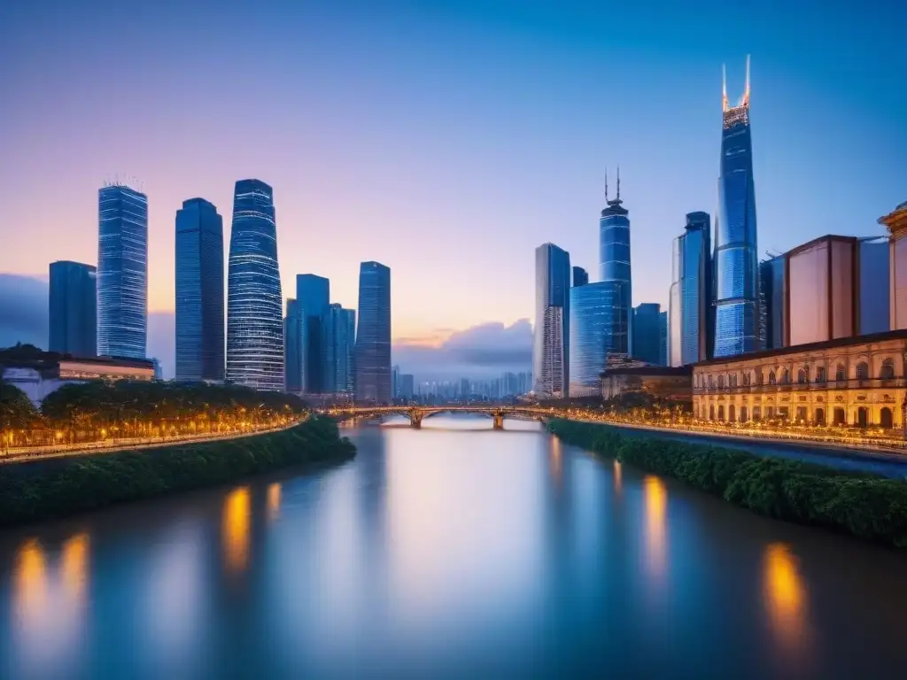 Horizonte urbano al atardecer: luces y modernidad en mercado emergente Vibrante ciudad al atardecer, reflejo de mercados inmobiliarios emergentes internacionales Franja Ruta
