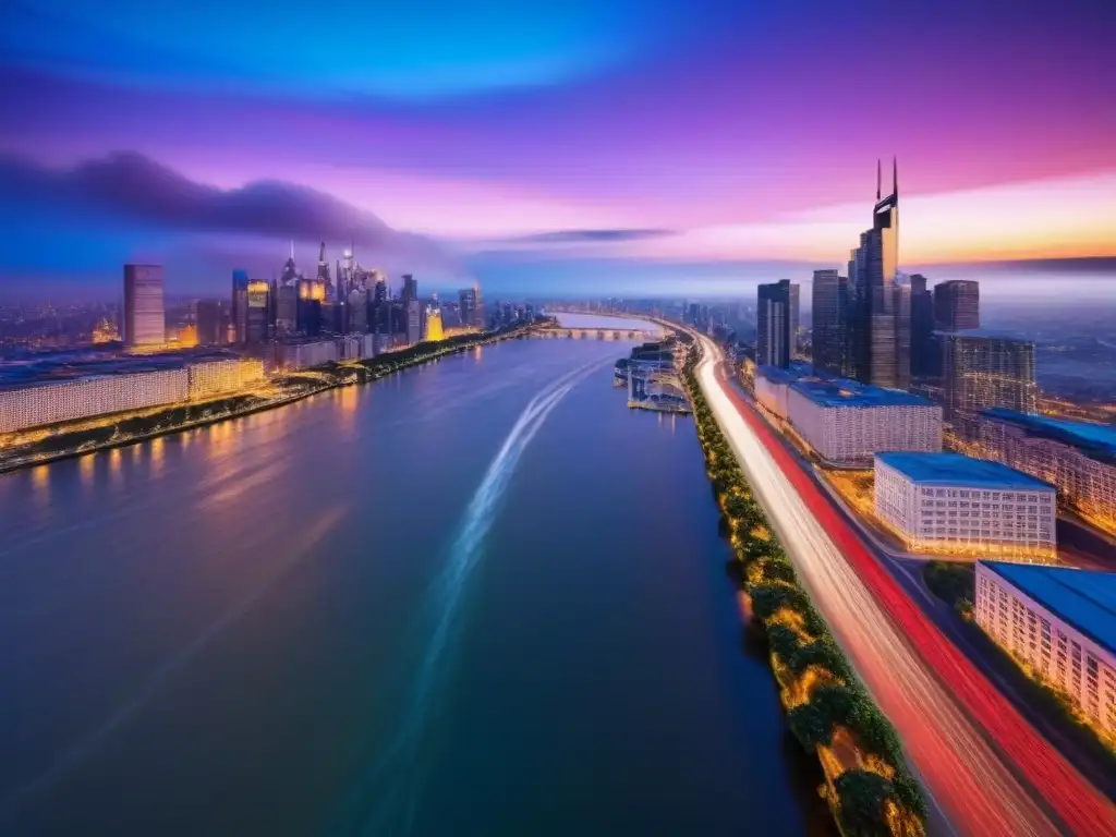 Metrópolis vibrante: luces y rascacielos al atardecer Vibrante ciudad al atardecer, reflejo de la energía y crecimiento urbano para inversionistas inmobiliarios globales