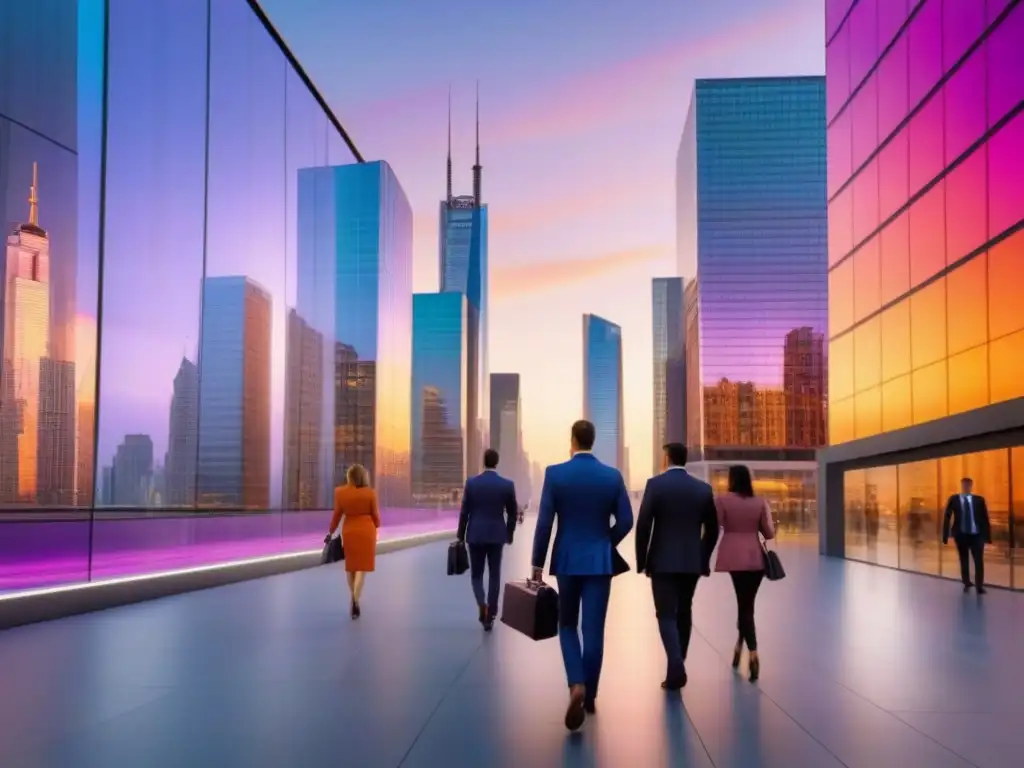 Cityscape moderno al atardecer: luces, reflejos y dinamismo Vibrante ciudad al atardecer, reflejos en rascacielos modernos