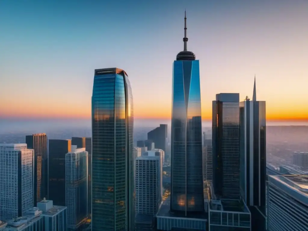 Metrópolis dorada al atardecer: luces, riqueza y riesgos Vibrante ciudad al atardecer, reflejos dorados en rascacielos
