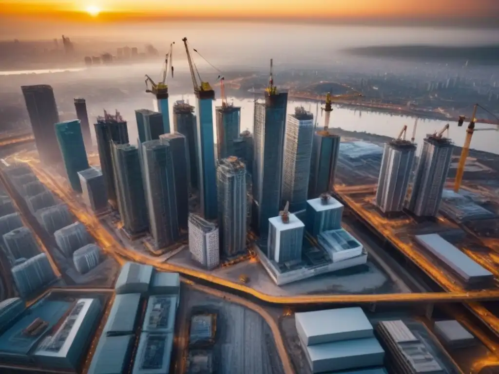 Horizonte urbano en construcción: diversidad arquitectónica al atardecer Vibrante ciudad en construcción bajo el atardecer, destacando diversas regulaciones construcción inversiones internacionales