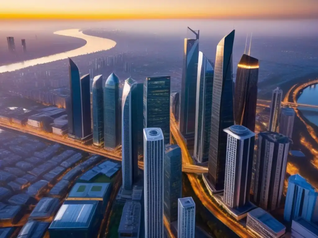 Vibrante ciudad al atardecer: luces, río y modernidad Vibrante ciudad al atardecer, reflejando sinergia postfusión inversionistas inmobiliarios