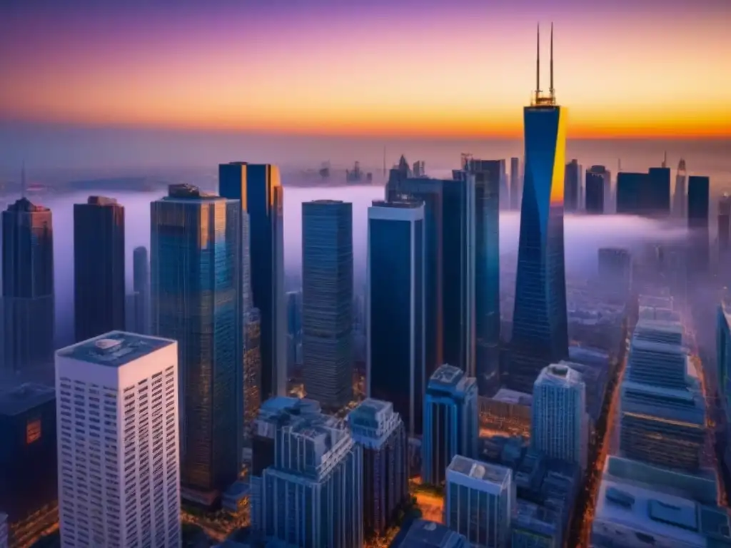 Vibrante ciudad al atardecer: mercado inmobiliario en auge Vibrante ciudad al atardecer, con skyline moderno de cristal y profesionales discutiendo, reflejando la recuperación de mercados inmobiliarios locales