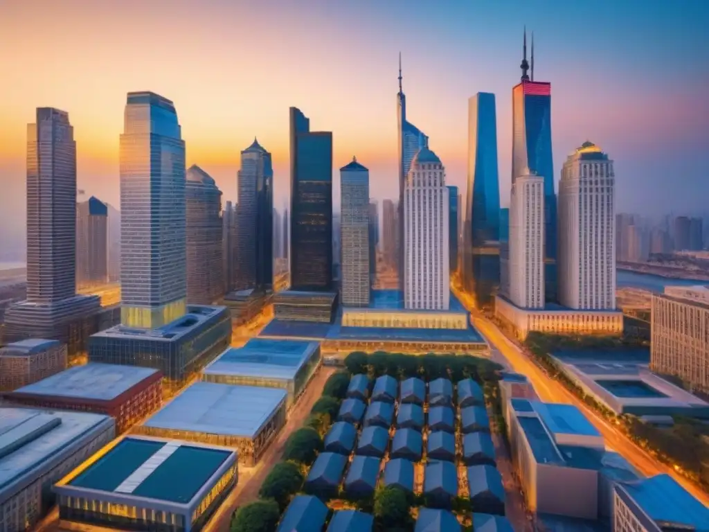 Horizonte urbano al atardecer: escena vibrante de ciudad moderna Vibrante ciudad al atardecer con skyline moderno iluminado por luz dorada, reflejando los mejores mercados inmobiliarios para inversores