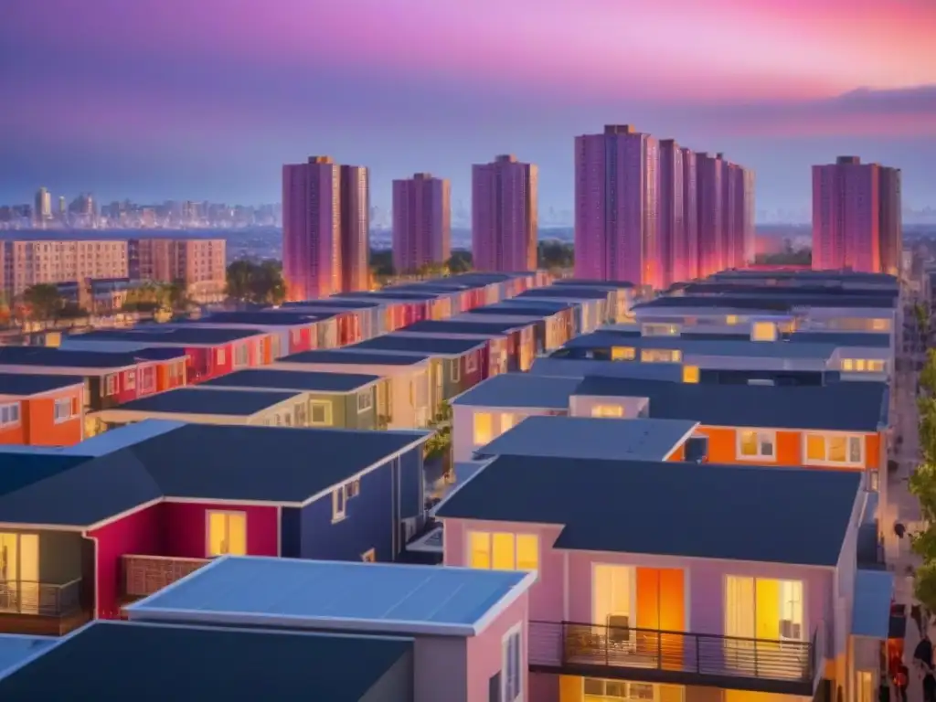 Horizonte urbano inclusivo al atardecer Vibrante ciudad al atardecer con variadas viviendas asequibles, reflejando el impacto de crisis económicas en el mercado inmobiliario