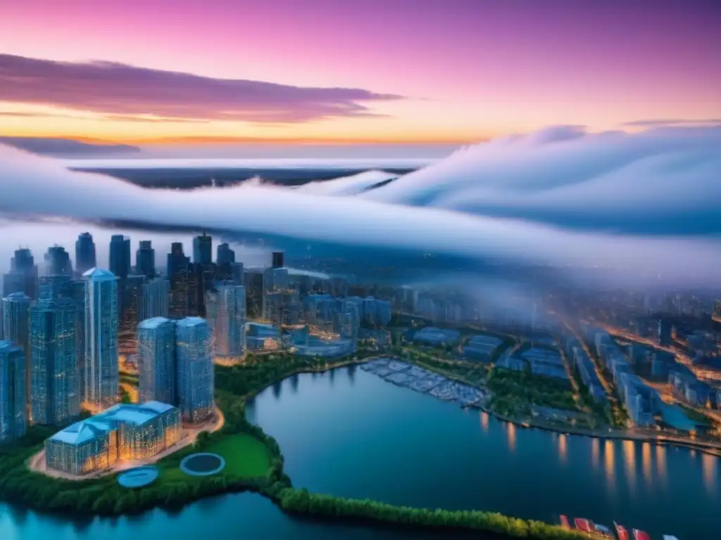 Espectacular ciudad canadiense al atardecer: modernidad y naturaleza Vibrante ciudad canadiense al atardecer con modernos rascacielos y luces de la ciudad