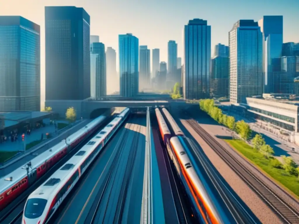 Vibrante ciudad canadiense: diversidad, progreso y conexión Vibrante ciudad canadiense con millennials conversando frente a una inmobiliaria moderna y tren de alta velocidad