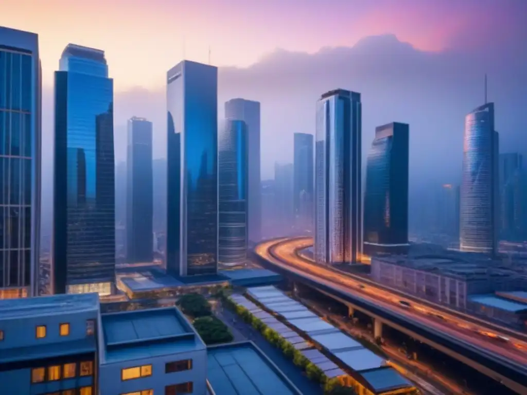 Vibrante ciudad nocturna: luces y diversidad comercial internacional Vibrante ciudad comercial internacional al anochecer con edificios iluminados