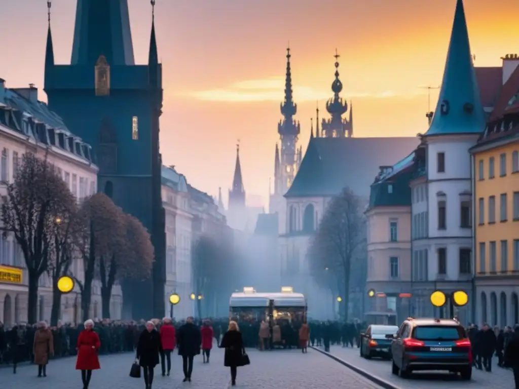 Horizonte urbano en Europa del Este: fusión de modernidad y tradición Vibrante ciudad de Europa del Este con contrastes arquitectónicos y gente diversa