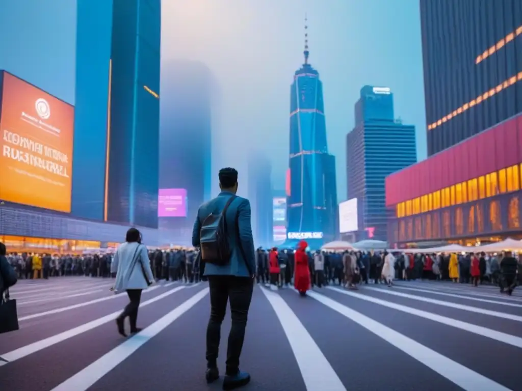 Metrópolis moderna en renovación: luces vibrantes y diversidad urbana Vibrante ciudad cosmopolita al anochecer, con rascacielos iluminados y diversidad urbana