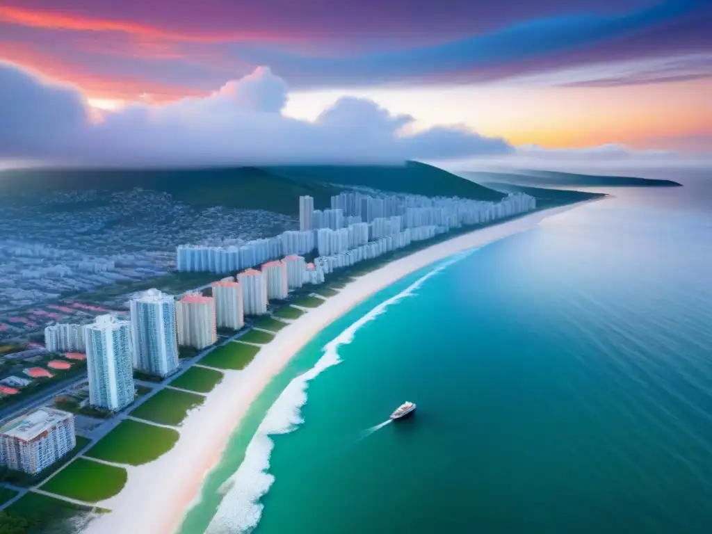 Negociación de seguros en ciudad costera al atardecer Vibrante ciudad costera al atardecer, playas doradas y rascacielos modernos