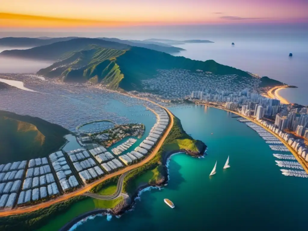 Vista aérea impactante de ciudad costera al atardecer Vibrante ciudad costera al atardecer, entre montañas verdes y océano brillante